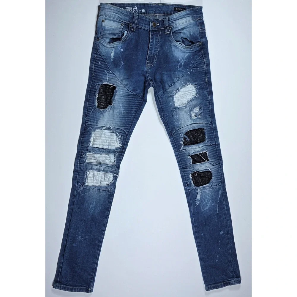 Copper Rivet Mens Slim Fit Distressed Moto Patchwork Jeans Blue 30x32